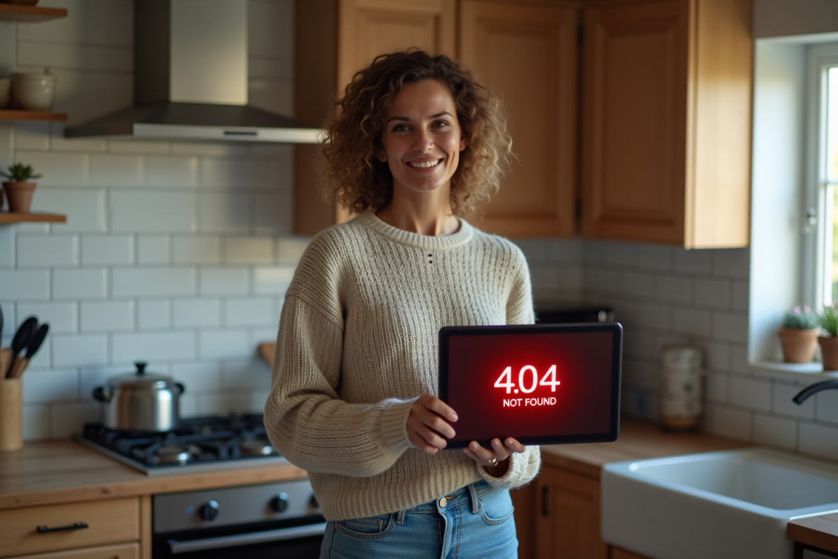Femme dans la cuisine tenant une tablette avec erreur 404