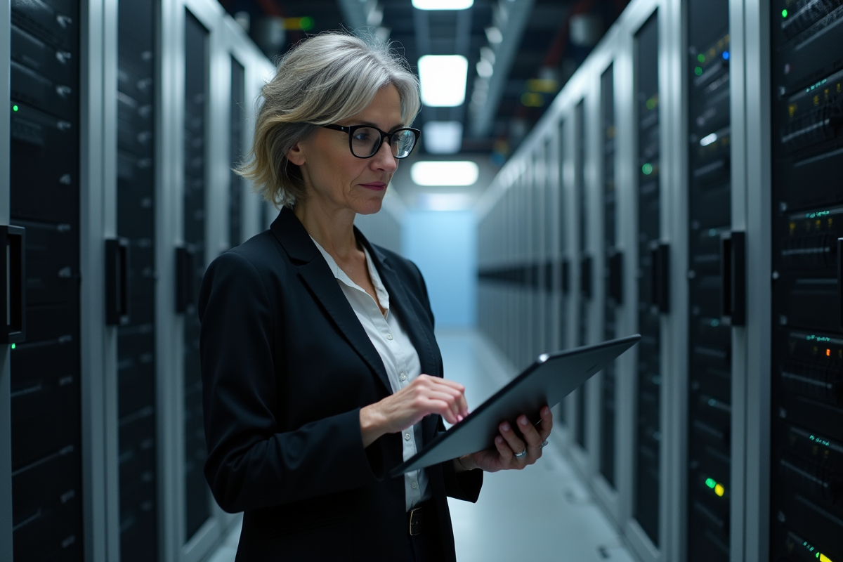 Femme d age moyen examine un rack de serveurs