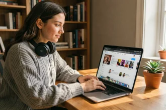 Jeune femme téléchargeant de la musique légalement sur son ordinateur portable avec un casque audio