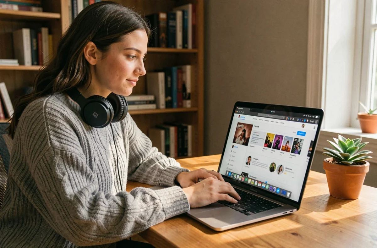 Jeune femme téléchargeant de la musique légalement sur son ordinateur portable avec un casque audio