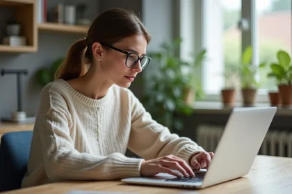 Jeune femme vérifiant ses paramètres WiFi dans un bureau moderne