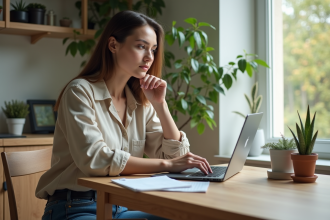 Jeune femme au bureau à domicile avec ordinateur et plantes