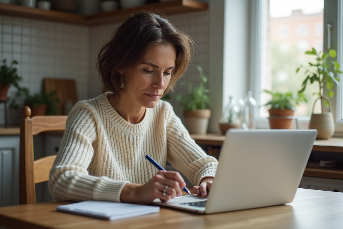 Femme concentrée travaillant sur son ordinateur à la maison