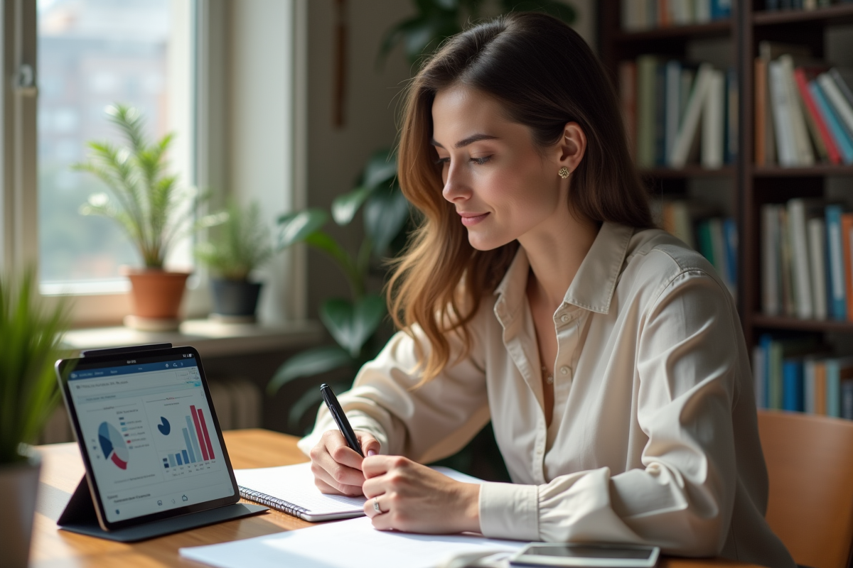 Jeune femme travaillant sur un ordinateur dans un espace maison