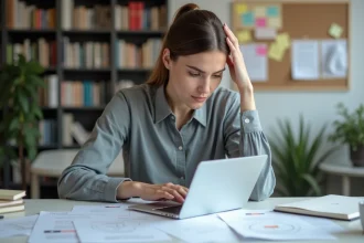Femme concentrée travaillant sur des documents linguistiques