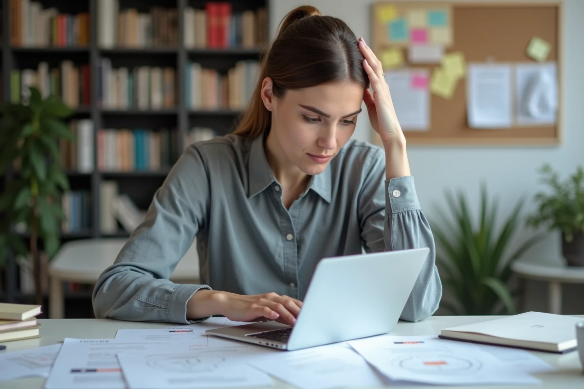 Femme concentrée travaillant sur des documents linguistiques