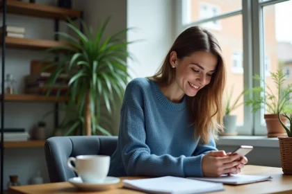 Jeune femme au télétravail avec smartphone et tasse