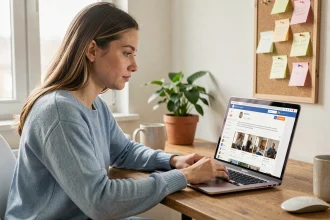 Jeune femme téléchargeant une image sur un forum depuis son bureau à domicile
