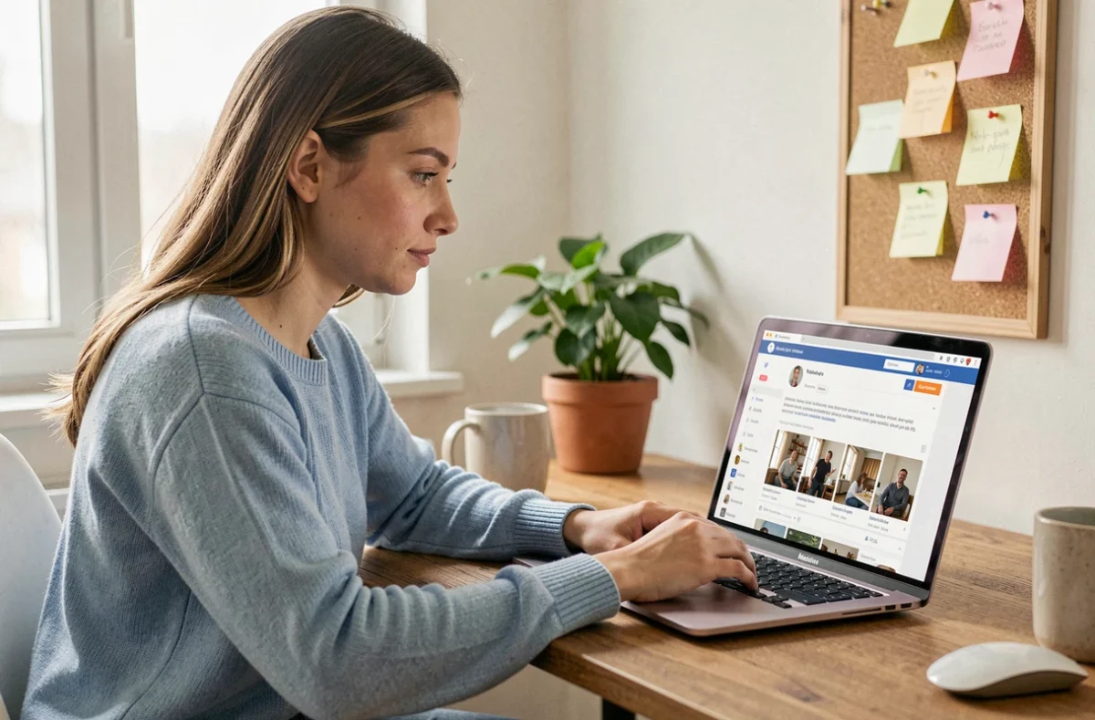 Jeune femme téléchargeant une image sur un forum depuis son bureau à domicile