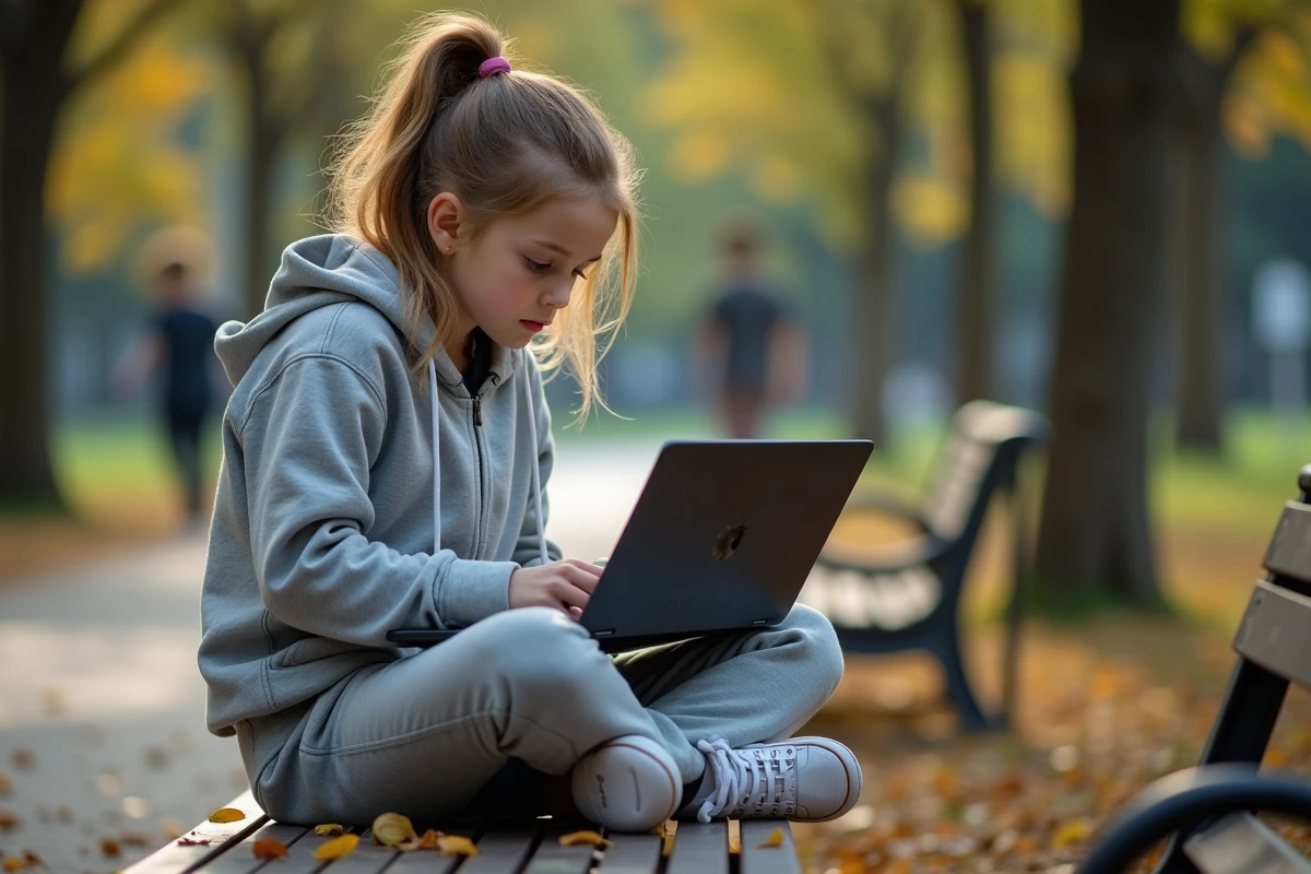 Adolescente utilisant un ordinateur portable dans un parc public