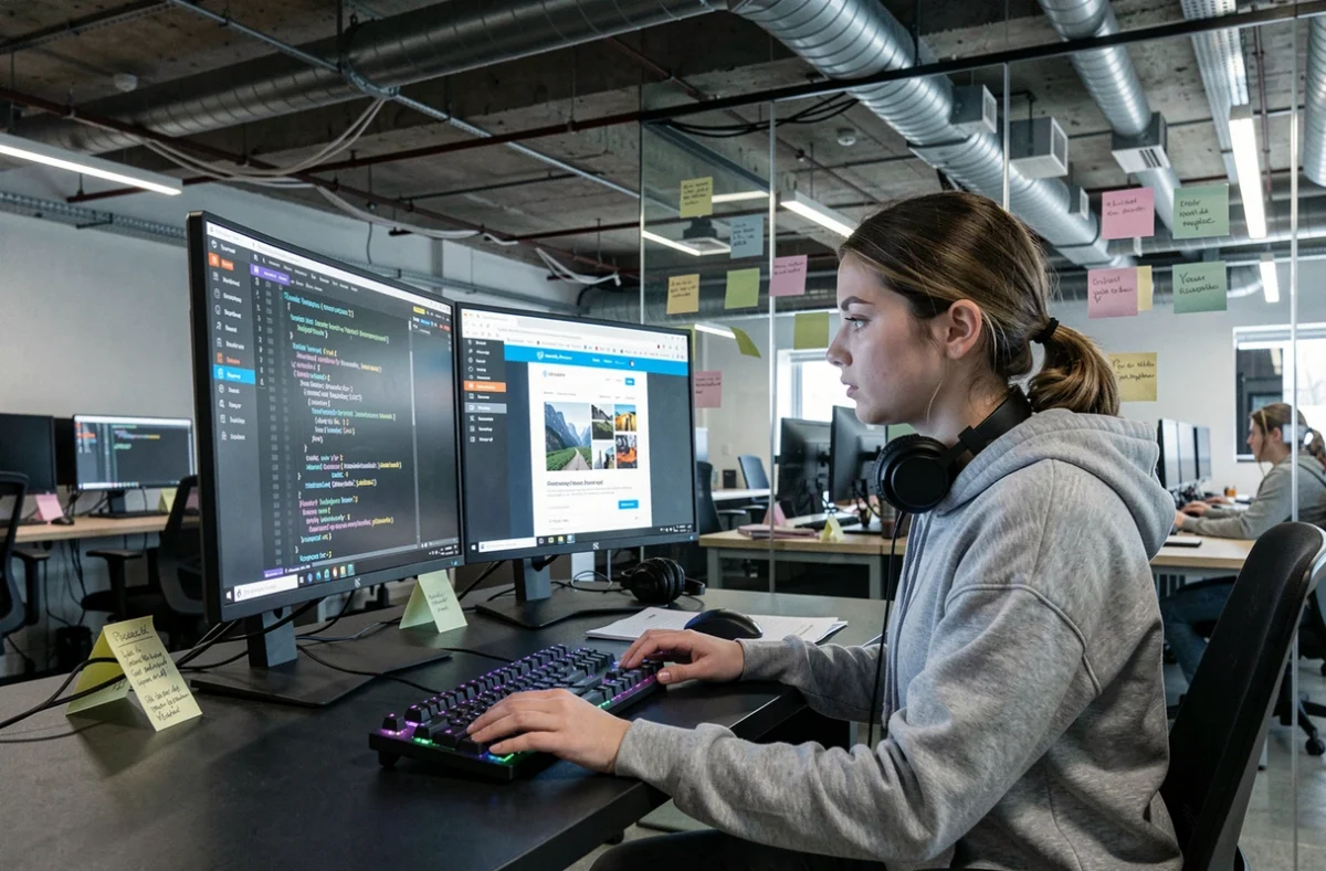 Développeuse web de Flashkode concentrée sur du code WordPress affiché sur deux écrans dans un bureau tech