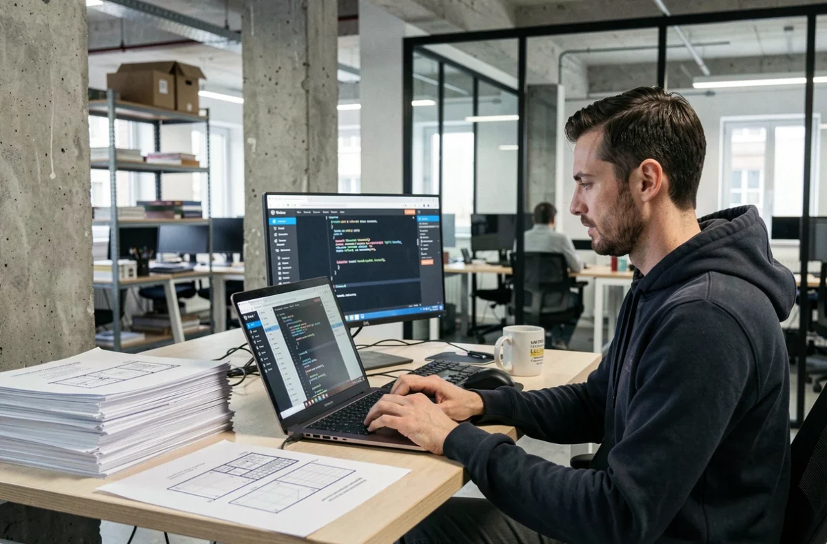 Développeur WordPress de Flex Réalisation à Ingré près d'Orléans codant dans un espace de travail moderne