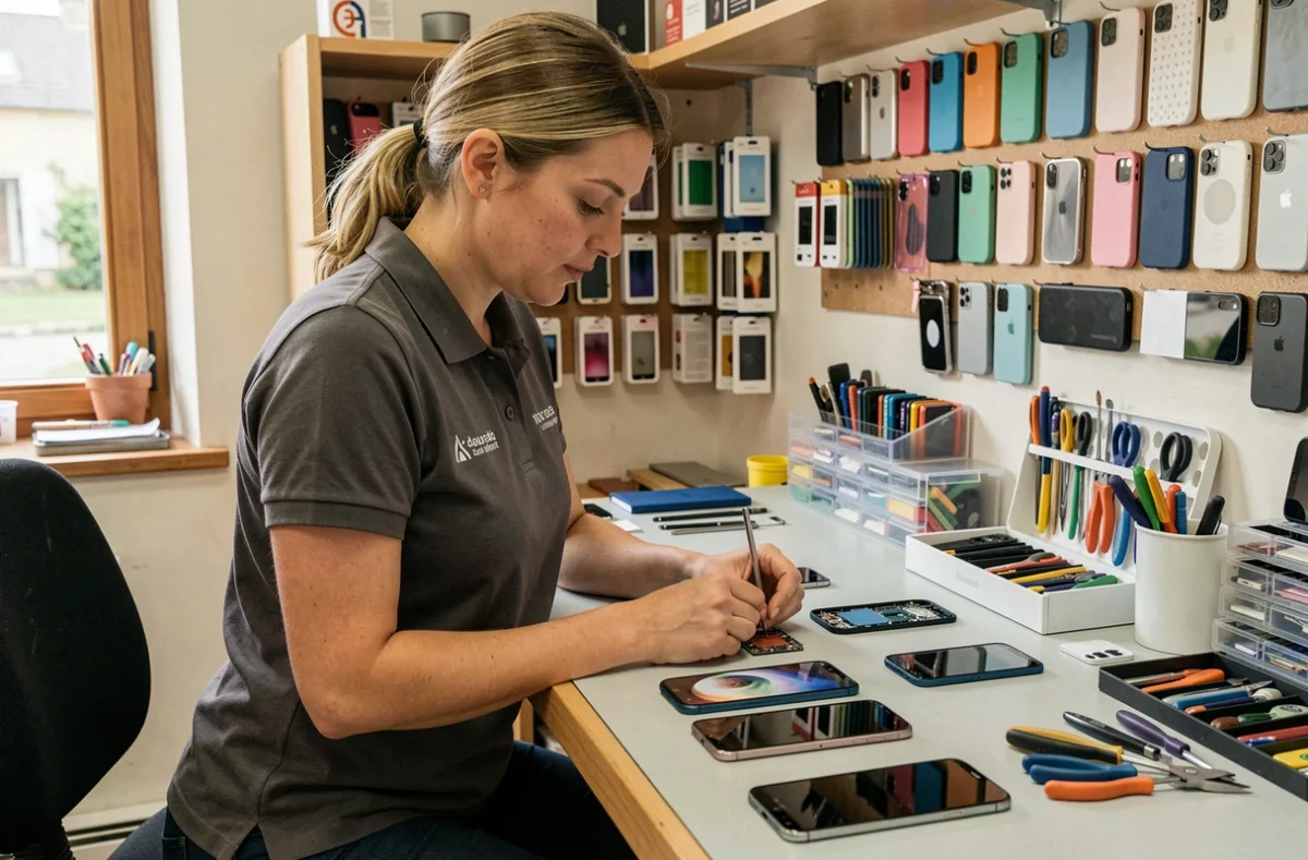 Technicienne de Génération Smartphone aux Herbiers réparant un smartphone multimarque sur un établi organisé