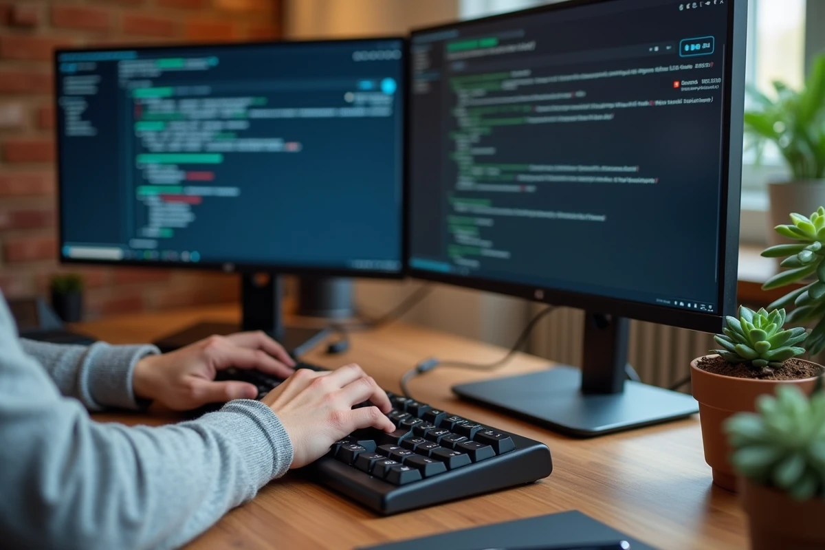 Mains d'un professionnel gérant des échanges de courriers sensibles sur une interface de messagerie chiffrée depuis un bureau à domicile