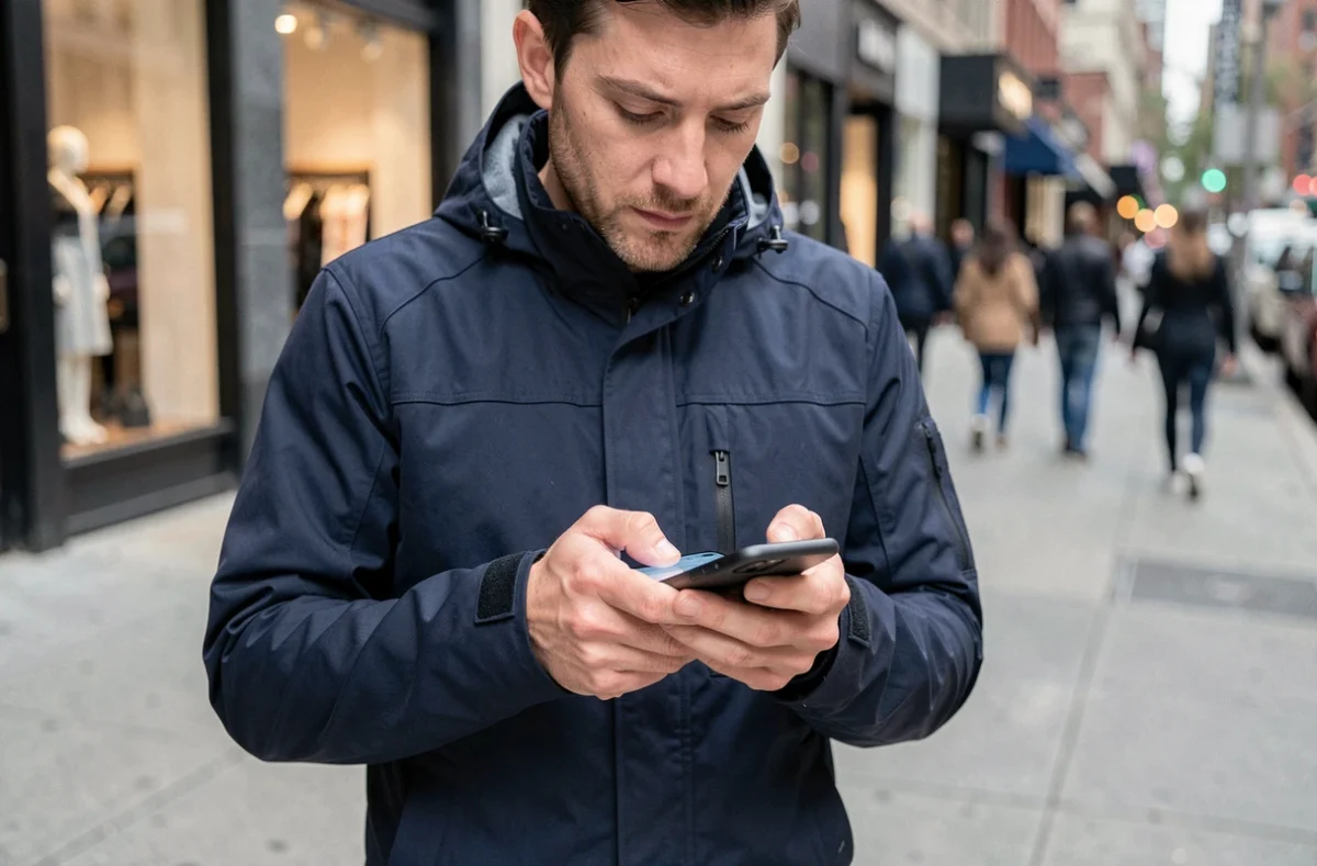 Homme consultant une interface de gestion de fichiers sur iPhone en extérieur dans une rue urbaine