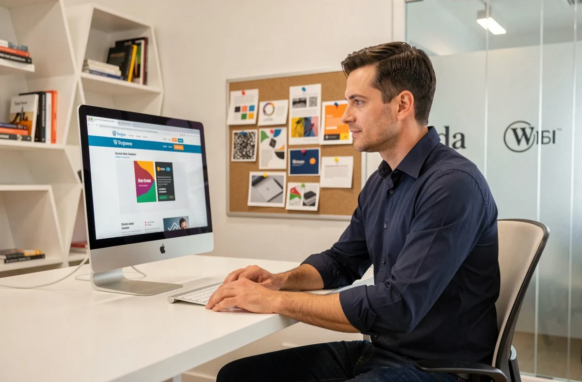 Directeur créatif de GM Creative examinant des designs WordPress sur un écran iMac dans un studio moderne