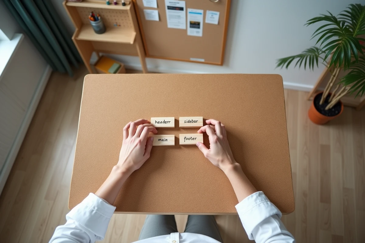 Mains d'un développeur arrangeant des blocs en bois représentant une grille CSS sur un tableau de liège dans un bureau à domicile
