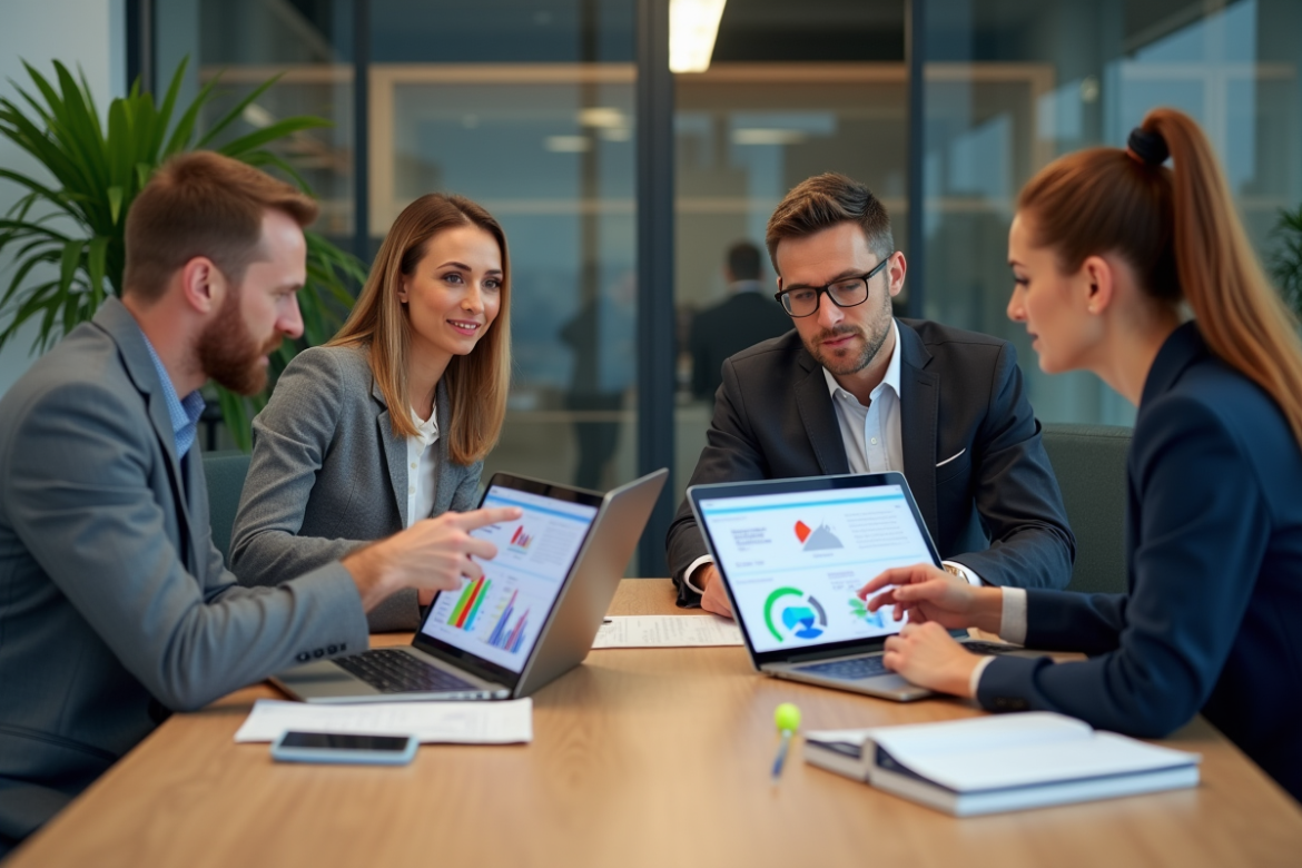 Groupe de professionnels en réunion dans un bureau moderne