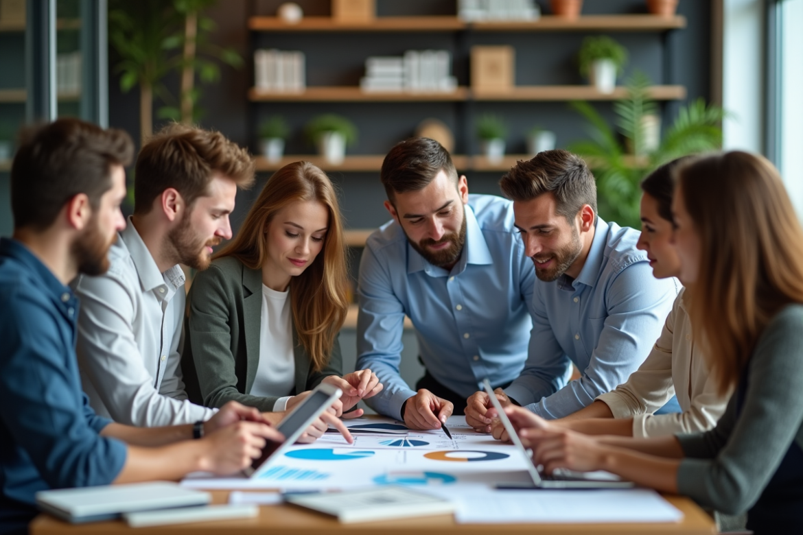 Groupe de jeunes professionnels discutant autour de graphiques