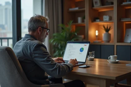 Homme d'âge moyen regardant son ordinateur avec activité Google