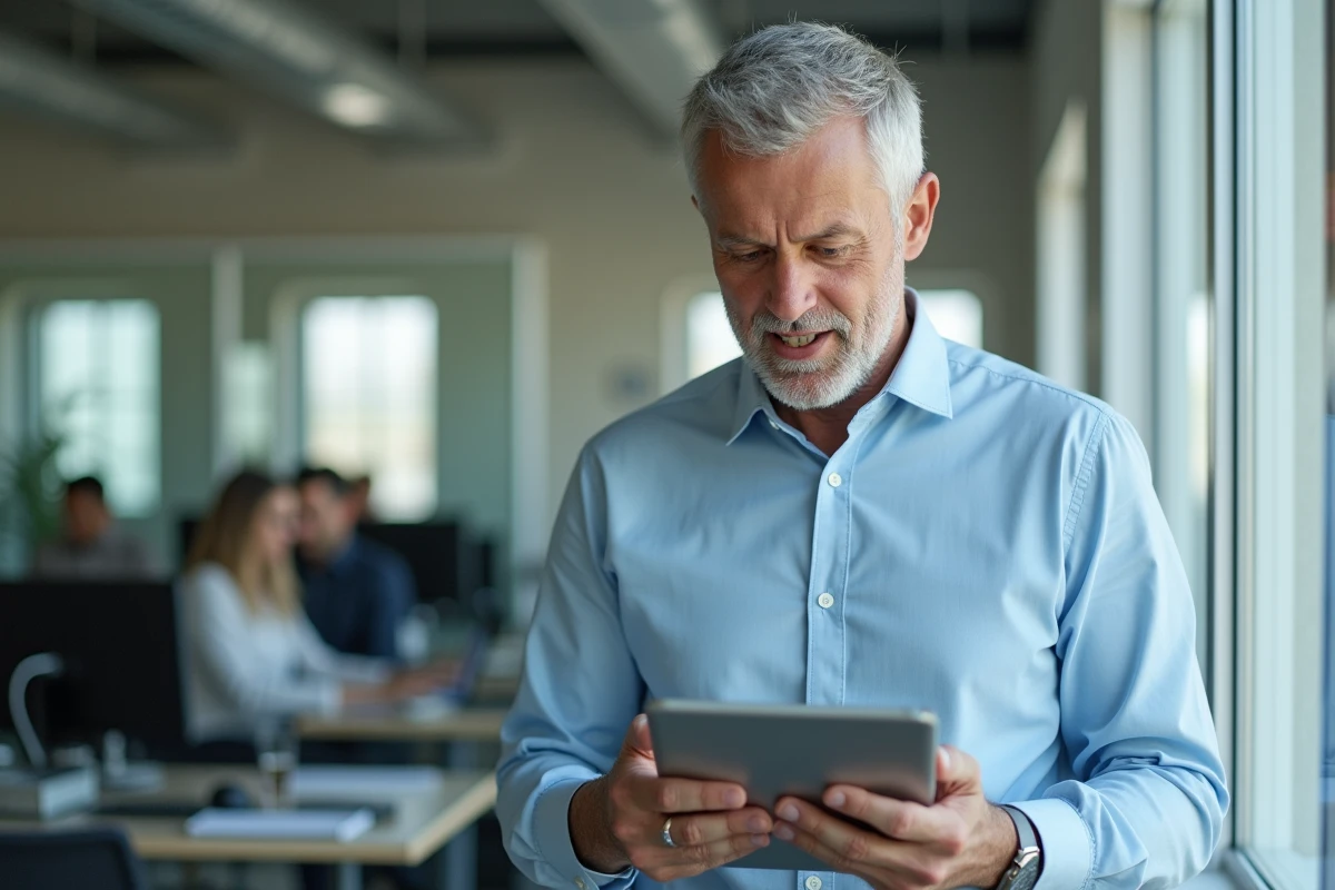 Homme vérifiant ses emails archivés dans un bureau lumineux
