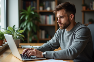 Homme en bureau moderne regardant un écran d'ordinateur