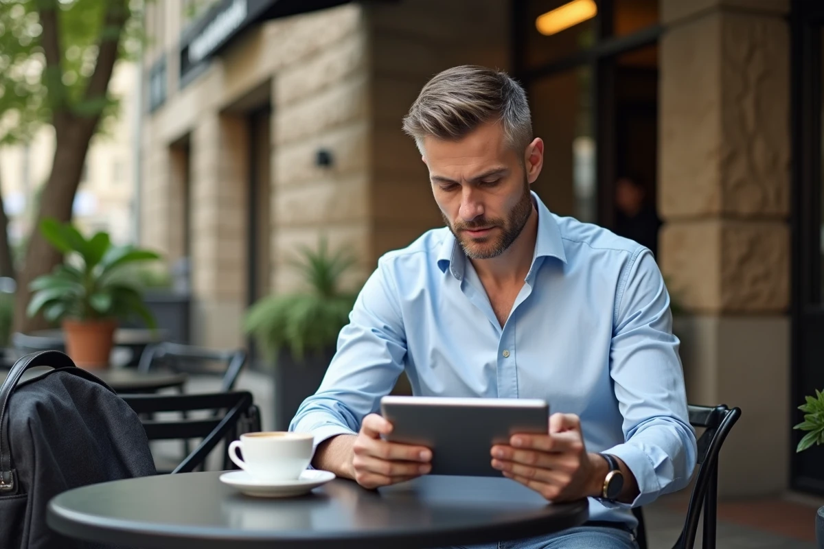 Homme lisant ses emails dans un café en extérieur