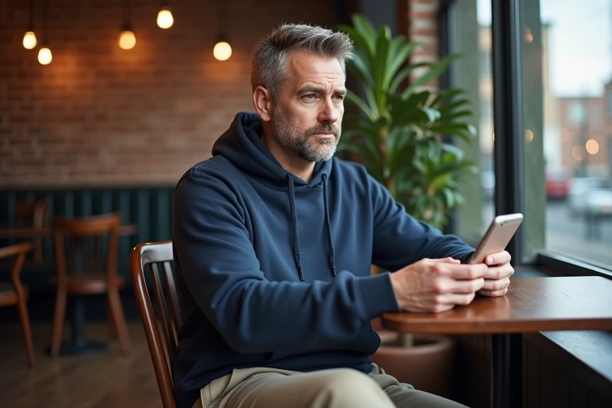 Homme d age moyen au café regardant son smartphone
