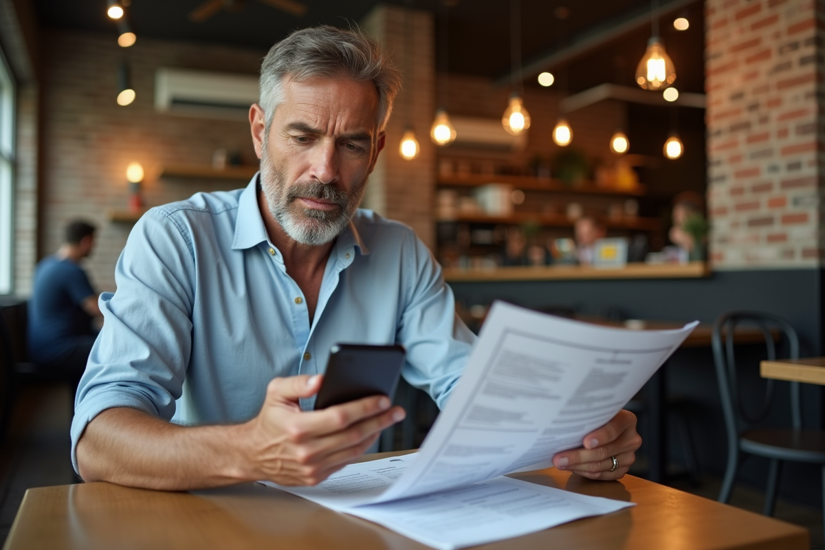 Homme au café utilisant son smartphone et document