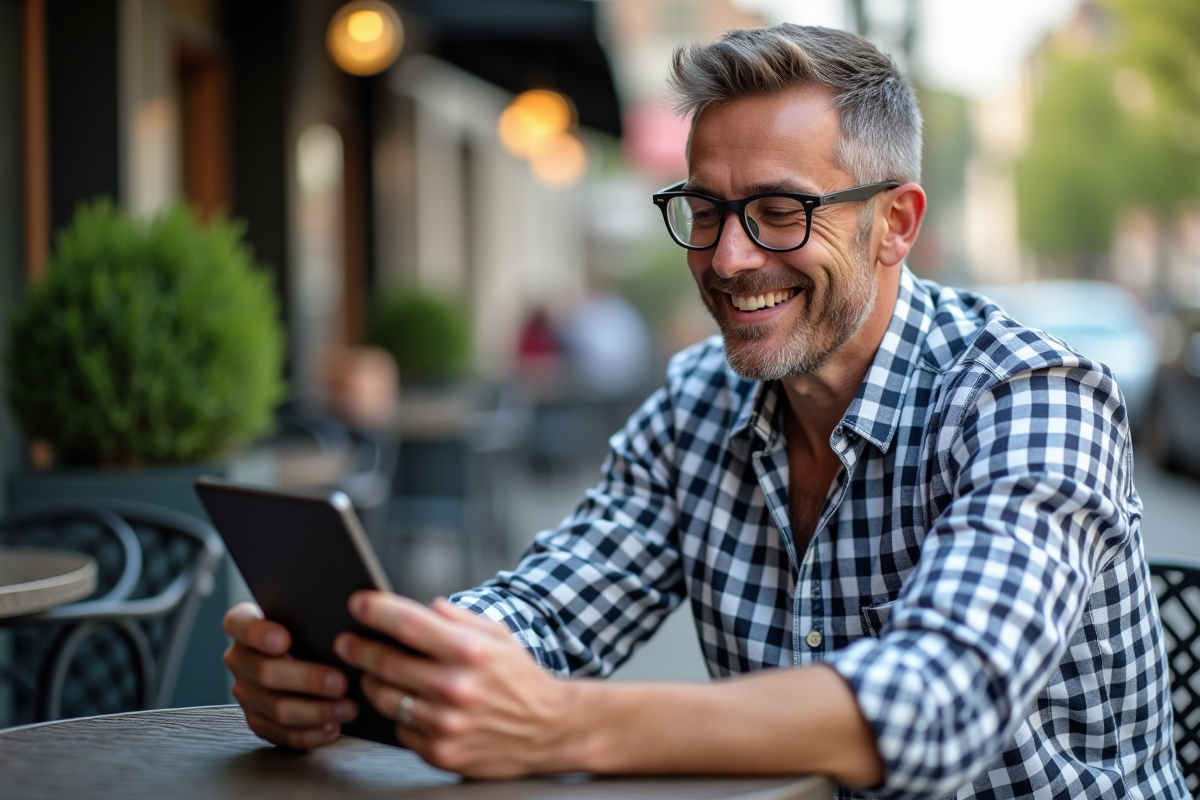 Homme d age moyen consulte un flux RSS sur sa tablette en terrasse