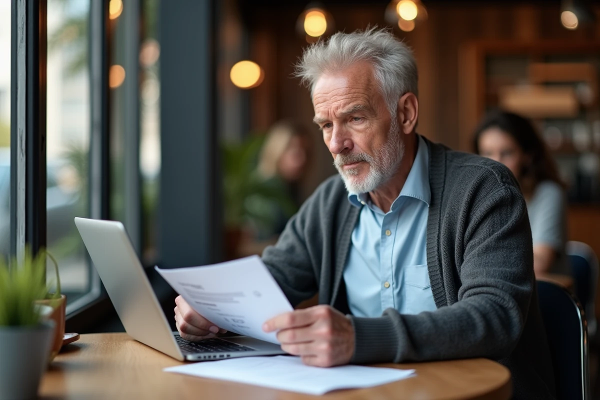Homme d age moyen contrôlant ses réglages internet au café