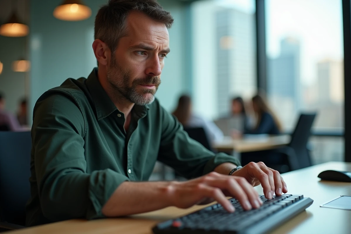 Homme réfléchissant utilisant un clavier dans un espace de coworking moderne