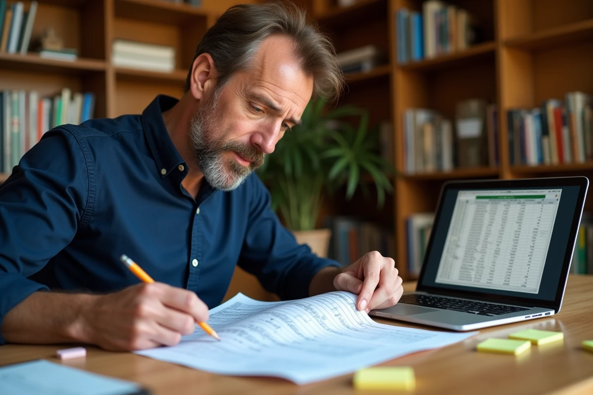 Homme comparant des feuilles Excel imprimées pour identifier et supprimer des doublons dans un bureau à domicile