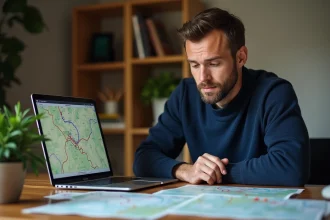 Homme consultant plusieurs fichiers GPX sur un ordinateur portable avec des cartes topographiques imprimées sur un bureau en bois