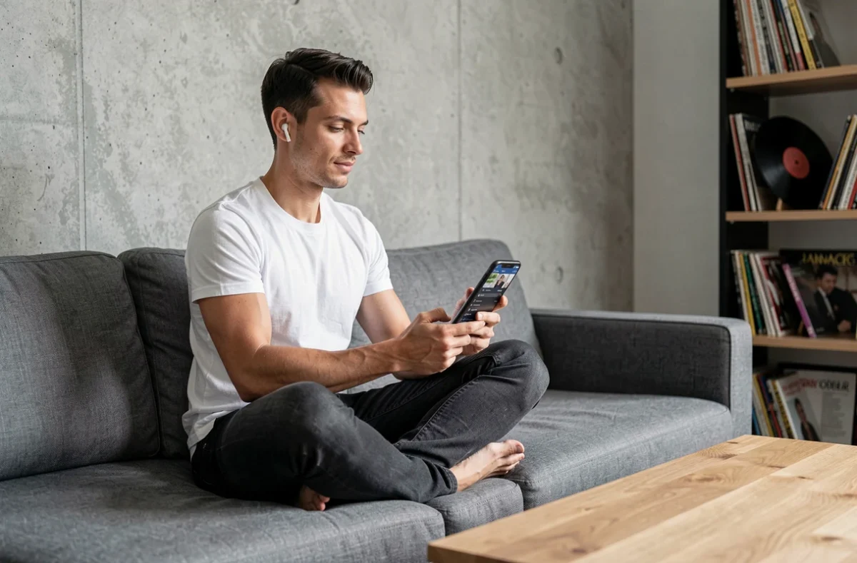 Homme utilisant une application de conversion musicale sur smartphone dans un salon moderne