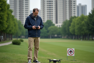 Homme d'âge moyen avec drone dans un parc urbain