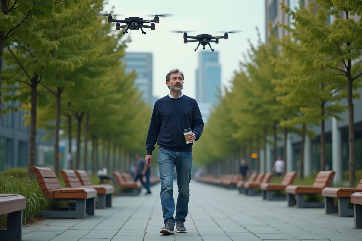 Homme curieux dans un parc urbain avec drones de livraison
