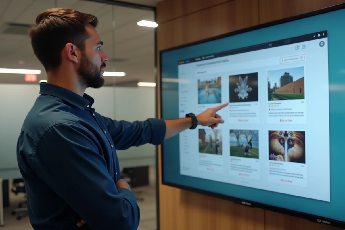 Homme pointant un écran avec des exemples de GIF Instagram