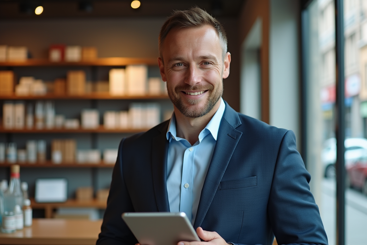 Homme entrepreneur dans sa boutique avec tablette analytique