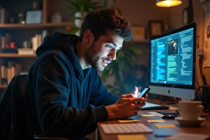 Jeune homme fasciné découvrant Haipallzizopnoz sur les forums tech via son smartphone dans un bureau encombré
