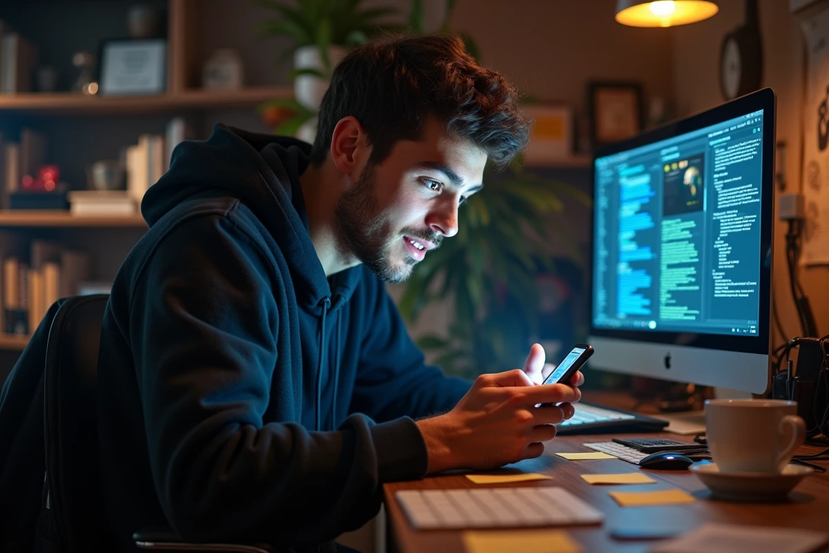 Jeune homme fasciné découvrant Haipallzizopnoz sur les forums tech via son smartphone dans un bureau encombré