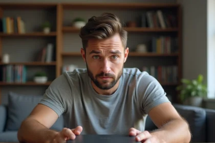 Homme frustré devant sa Freebox affichant une erreur 20 FF dans un salon moderne