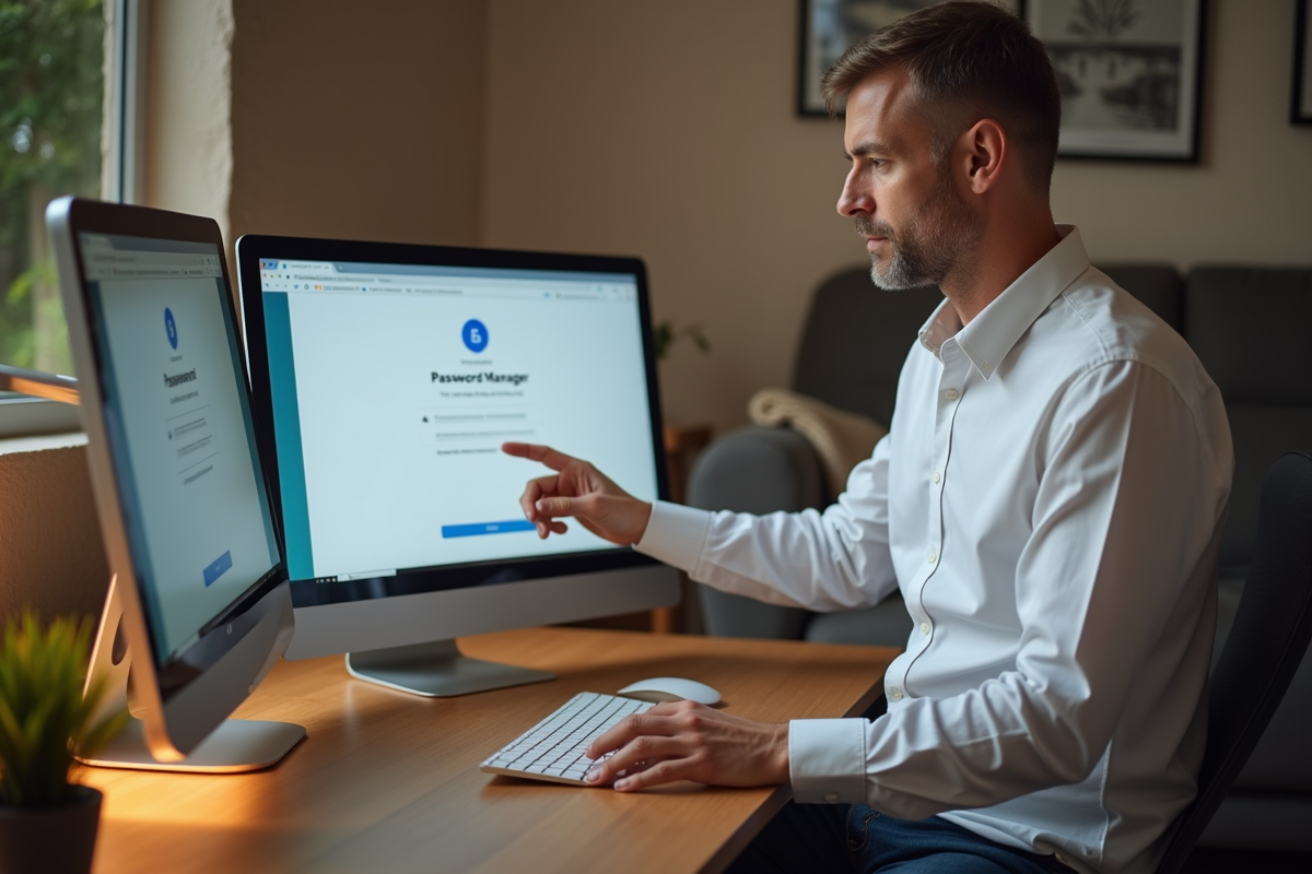 Homme montrant gestionnaire de mot de passe sur son ordinateur