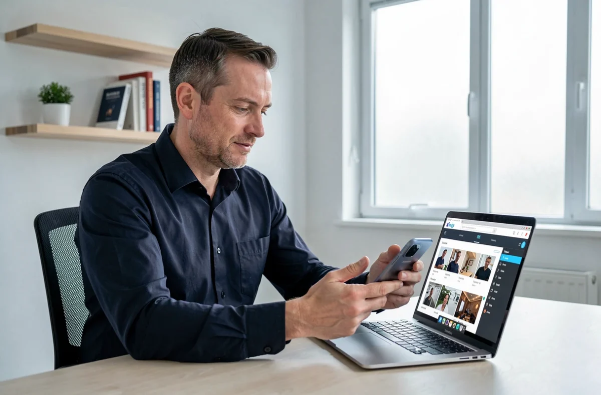 Homme gérant ses photos Samsung Cloud sur ordinateur portable et smartphone dans un bureau à domicile