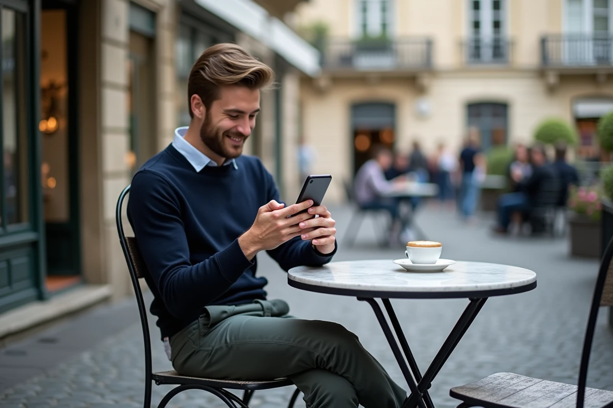 Homme consultant un guide de nouvelles adresses sur smartphone en terrasse parisienne, ambiance urbaine 2026