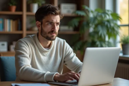 Homme en bureau lisant des commentaires d'avis utilisateur