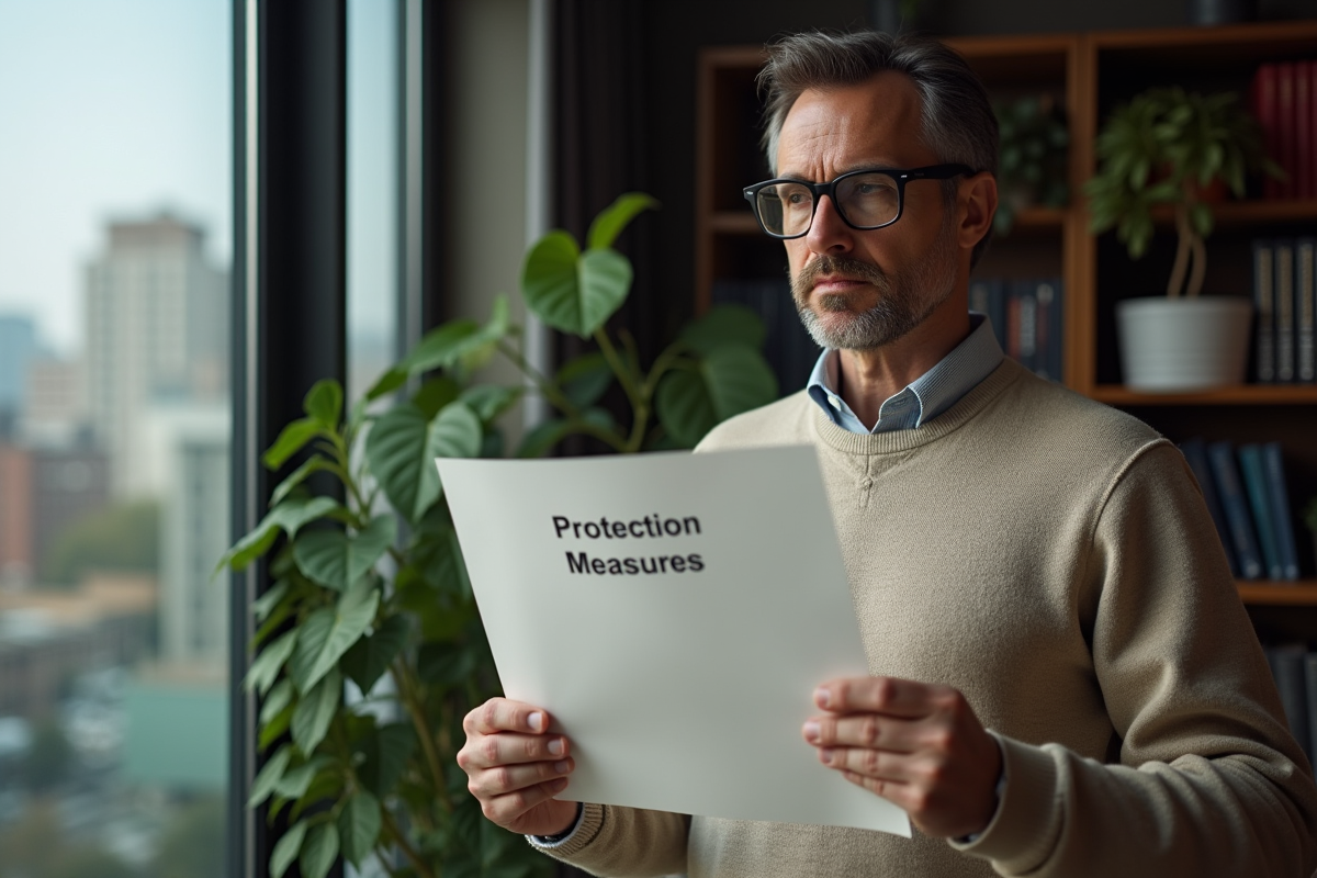 Homme tenant un document sur les mesures de protection
