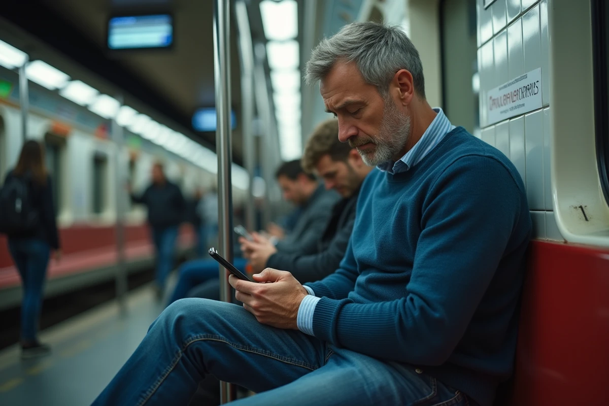 Homme dans le métro regardant son smartphone inquiet