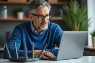 Homme d'une quarantaine d'années examine un routeur à son bureau