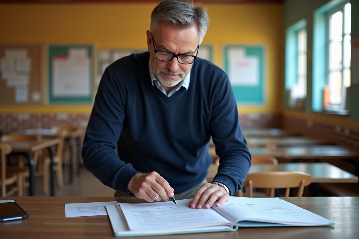 Homme organisant des feuilles imprimées dans un centre communautaire